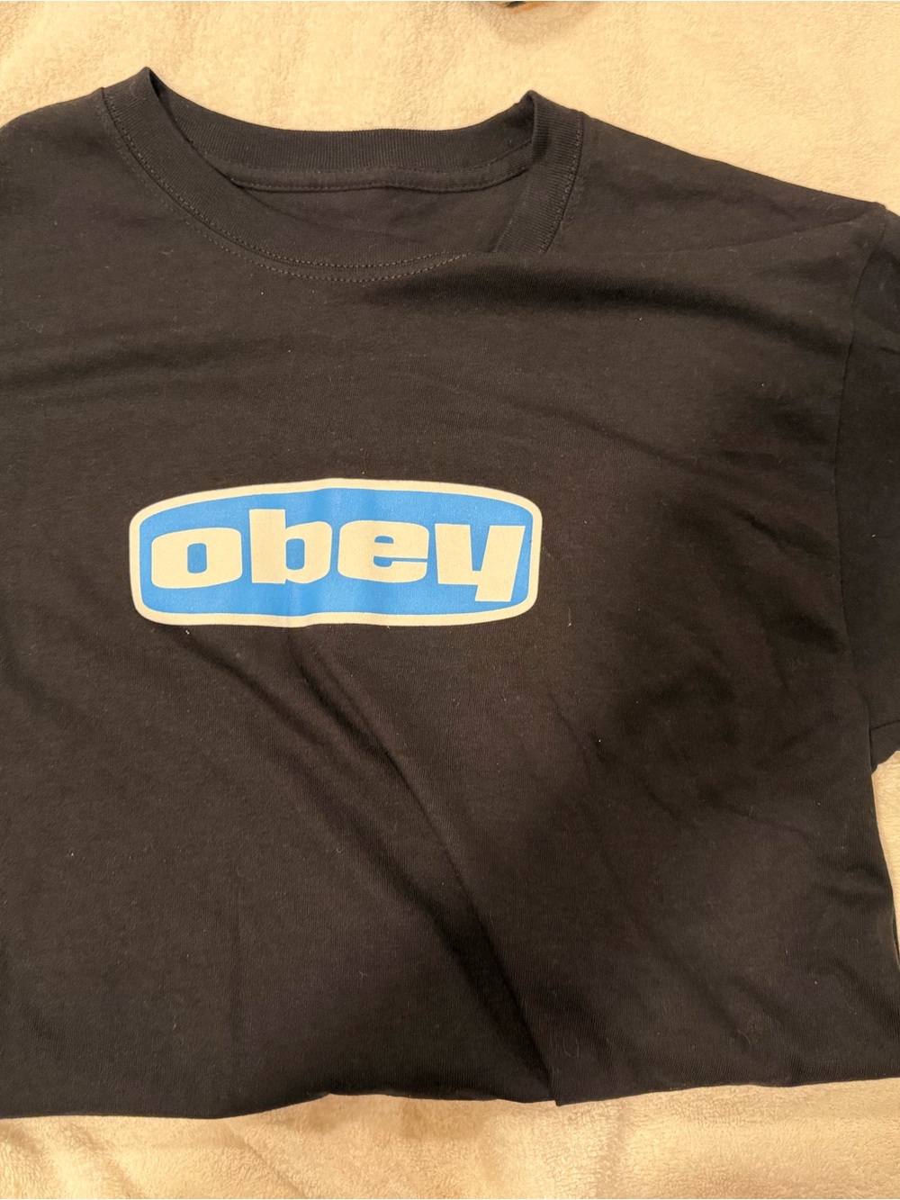 Obey Black Tee with Blue and White Logo